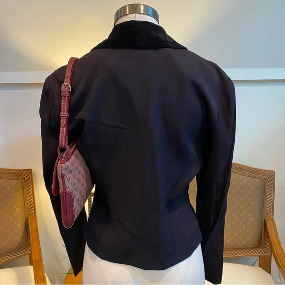 Vintage 90s Black Cropped Blazer Jacket Velvet Collar Women's S Office Chic Goth - Picture 2 of 3